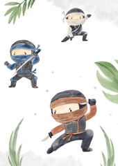 watercolor ninja template for nursery, baby shower, invitation for birthday party © Olga Listopad