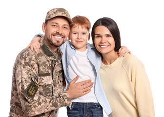 Fototapeta premium Ukrainian defender in military uniform with his family on white background
