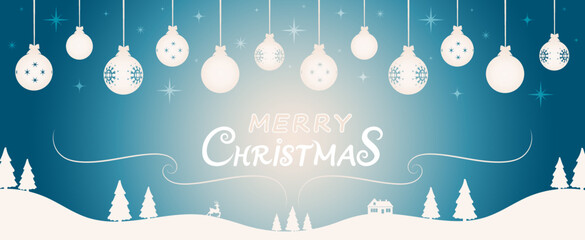 Greeting card for Christmas, xmas and winter holidays. Merry Christmas inscription with Christmas balls and stars, winter landscape with fir trees, house, reindeer and snow. Vector illustration