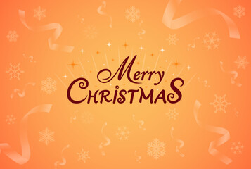 Merry Christmas inscription on festive orange background with falling confetti and snowflakes. Greeting card for Christmas, xmas and winter holidays.Vector illustration, vintage style, pattern
