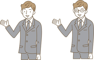 片手を上げて案内する若い男性の上半身のイラストセット