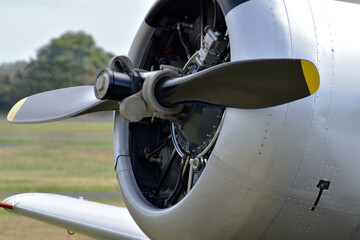 Close-up view of airplane engine and propeller