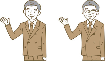片手を上げて案内するシニア男性の上半身のイラストセット