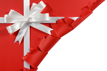Red gift with white bow ribbon torn edge opening isolated transparent background photo PNG file