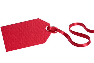 Red gift tag with tied ribbon isolated transparent background photo PNG file