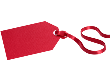 Red gift tag with tied ribbon isolated transparent background photo PNG file