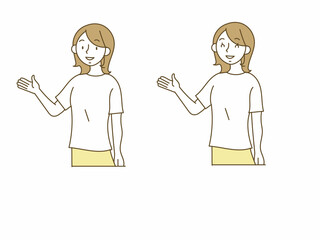 片手を上げて案内するカジュアルな服装の若い女性の上半身のイラストセット