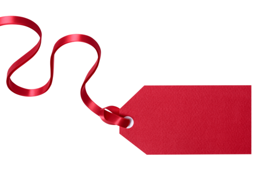 Red gift tag with ribbon blank plain isolated transparent background photo PNG file