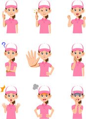 ピンク色の半袖のポロシャツ姿で帽子をかぶった女性スタッフの上半身　9種類の表情とポーズ1 