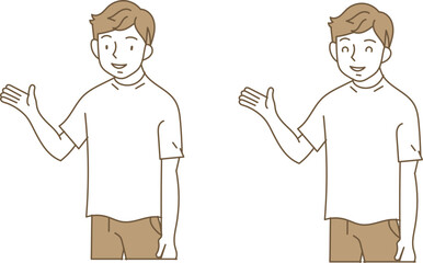 カジュアルな服装で片手を上げて案内する若い男性の上半身のイラストセット