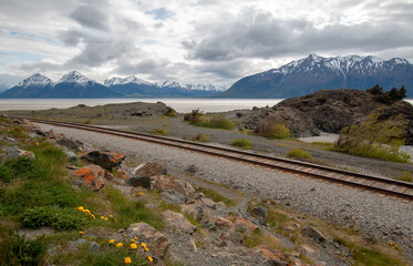 Railroad tracks past Beluga Point on the Turnagain Arm in Alaska United States