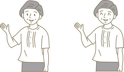 カジュアルな服装で片手を上げて案内するシニア女性の上半身のイラストセット