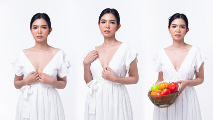 Half body portrait 20s Asian Woman wear white relax wedding dress farmer. Black long straight hair female feel happy smile fashion vintage poses over white background isolated