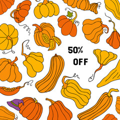 Autumn design template, hand drawn pumpkins, flat vector illustration