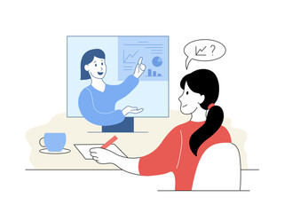 Student girl sitting in front of computer learning online. Schoolgirl watching remote online webinar lesson. Distance lesson, homeschooling cartoon thin line vector illustration