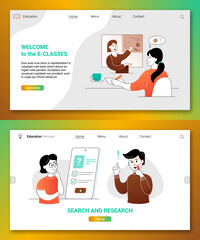 Welcome to e-classes, search and research landing page. Online education, distant training web banner with students learning and researching at distance webinar cartoon thin line vector illustration