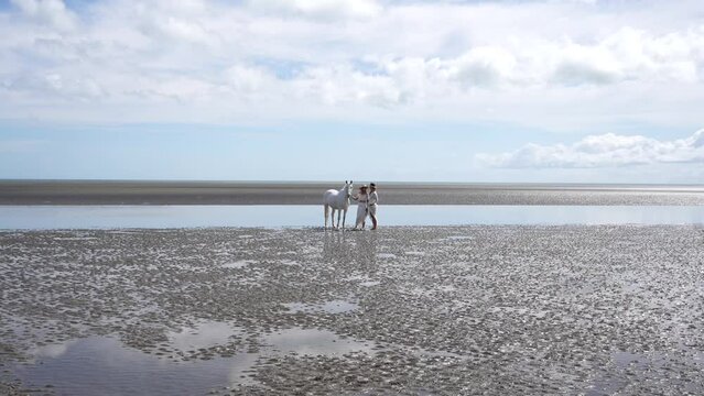country lesbian brides on beach with horses on wedding day