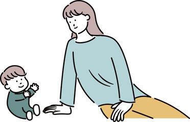 座る子供と隣で座りながら見守る母親のイラスト素材