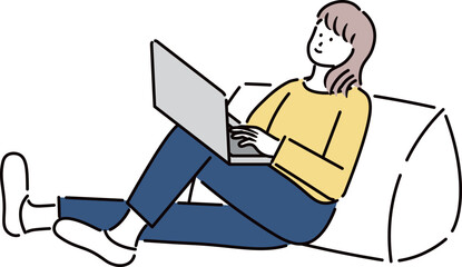 クッションに寄りかかりながらノートパソコンで仕事をしている女性のイラスト素材