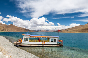 The rowboat in the Yamdrok Lake in Shannan city Tibet Autonomous Region, China.