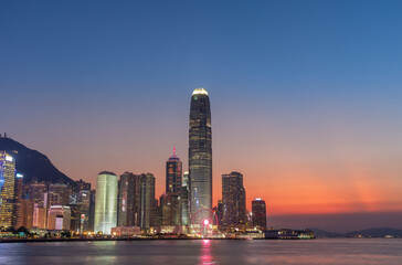 Scenery of Victoria Harbor in Hong Kong city at dusk