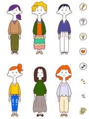 Fototapeta premium 様々な個性の若い女性の全身イラストセット 