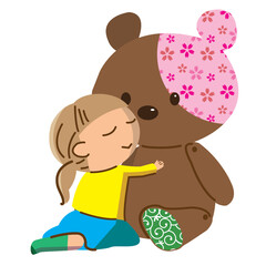 大きなテディベアを抱きしめる小さな女の子のイラスト