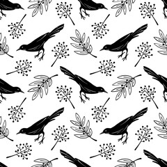Animal seamless pattern with black birds. Hand drawn sketch style. Nature background on  white.