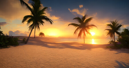 Fototapeta na wymiar Beautiful Tropical Island landscape ocean and palm trees. Illustration background. Digital matte painting.