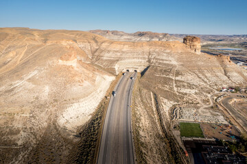 Aerial view of I-80 Twin Tunnels in Green River Wyoming next to Pilot Butte Wild Horse Scenic Loop