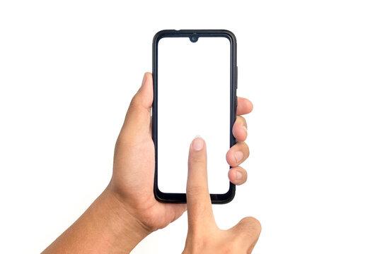 mockup image man hand holding and pointing smartphone screen. white screen smartphone for mockup image. isolated on white background