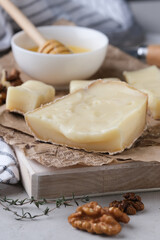Closeup texture of soft creamy Tom cheese. Farm  goat soft cheese.