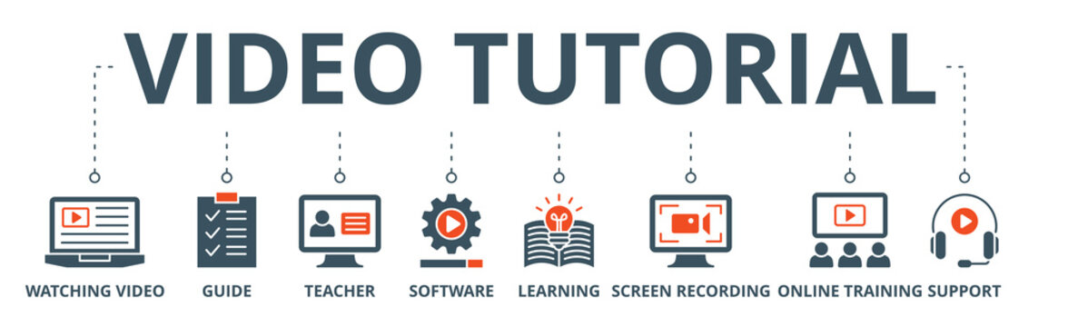 Video tutorial banner web icon vector illustration concept with icon of watching video, guide, teacher, software, learning, screen recording, online training, support