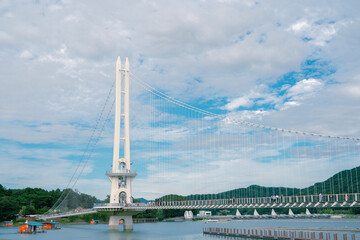 Fototapeta premium Yedang Lake and Yedangho Suspension Bridge in Yesan, Korea