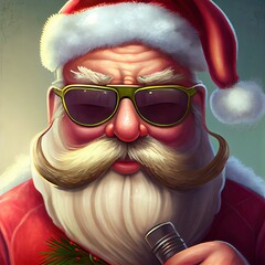 cool singing santa claus with sun glasses and microphone, generative ai