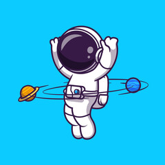 Astronaut Playing Planet Ball Cartoon Vector Icon Illustration.  Science Technology Icon Concept Isolated Premium Vector.  Flat Cartoon Style © catalyststuff