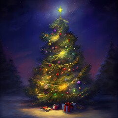 illustration of a colourful christmas tree in the night with plenty of decoration and gifts under it, generative ai