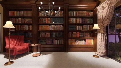 テレビ会議背景用 ZOOM会議背景用 CG 部屋 本棚 書斎 夕暮れ 夕日 夕闇 for using in video conference and as a zoom background.