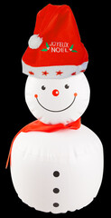 Bonhomme de neige coiffé du bonnet de père Noël sur fond noir 