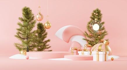 3d Abstract podium stage platform with minimal Christmas and New year event background. Merry Christmas scene for product display or mock up banner. Empty stand pedestal decor in Xmas winter scene.