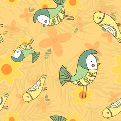 Birds and Flowers Colorful Nature Style Seamless Pattern Textile Wallpaper and Background.