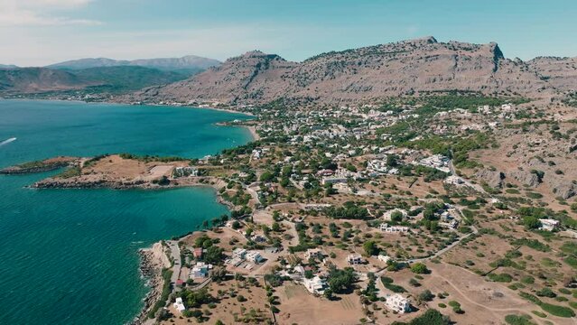 Aerial view of quaint beach resort - Pefkos on Rhodes island, Greece