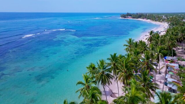 Beautiful Aerial View Of Playa Guayacanes Surrounded By Clear Blue Sea And White Sand Lined With Palm Trees In Santo Domingo, Dominican Republic. - Drone Aerial Shot