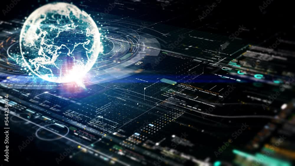 Poster futuristic digitally generated 3d holographic planet earth in 360 degree rotation for head up displa