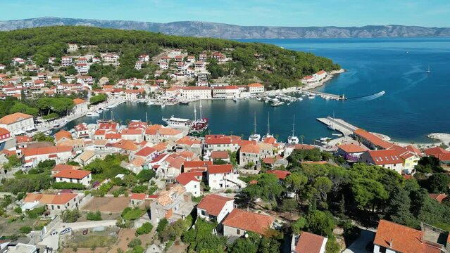 Jelsa Croatia town on Hvar panning  drone aerial point of view 4K