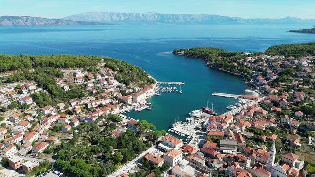Jelsa Croatia town on Hvar drone aerial view blue sea and sky