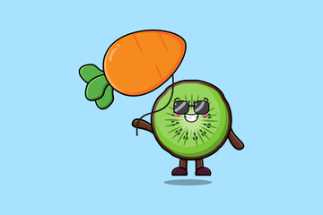 Obraz premium Cute cartoon Kiwi fruit floating with carrot balloon in flat cartoon vector icon illustration