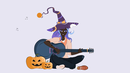 A witch playing the guitar beside pumpkins