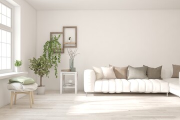 White living room with sofa. Scandinavian interior design. 3D illustration