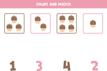 Counting game for kids. Count all cupcakes and match with numbers. Worksheet for children.